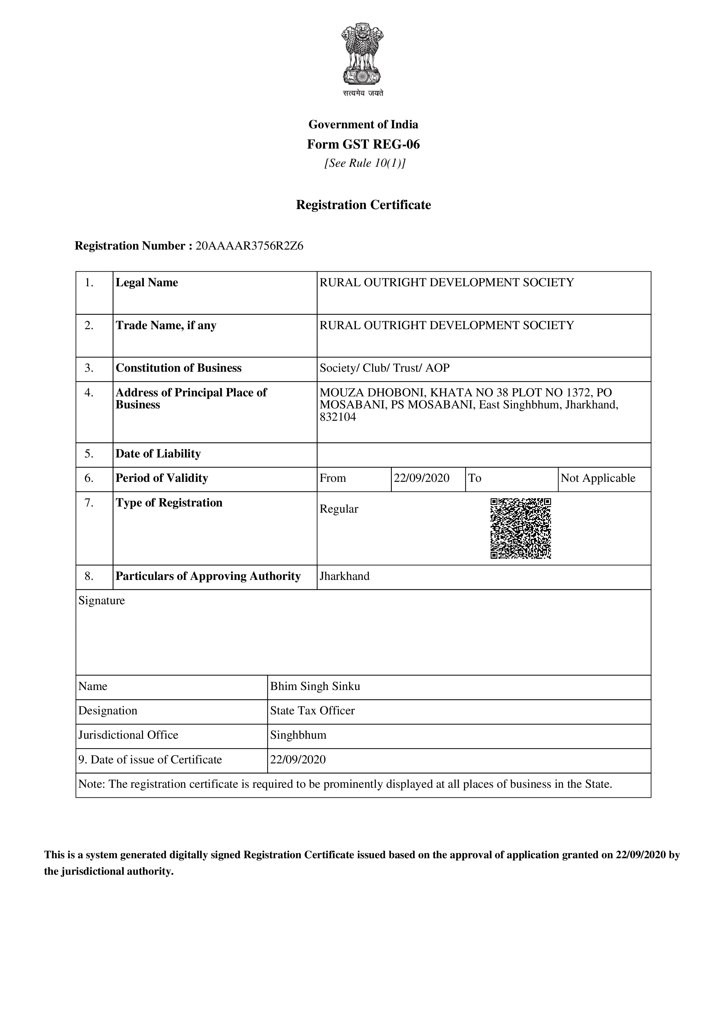 RODS GST Original Certificate